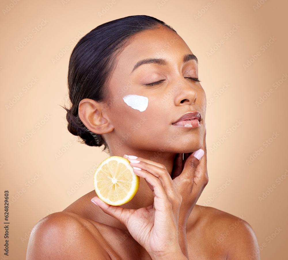 Woman, lemon and cream for beauty, natural skincare product and cosmetics or vitamin c benefits and 