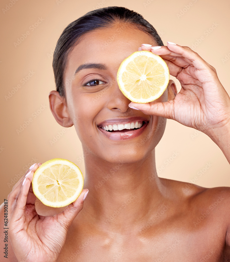 Lemon fruit, portrait and skincare of woman in studio for vitamin c benefits, eco cosmetics or nutri