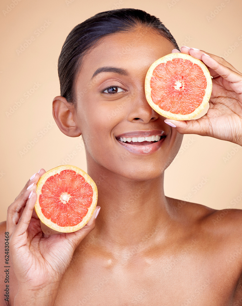 Skincare, woman and grapefruit on eye for beauty, cosmetics and natural product, health or vitamin c