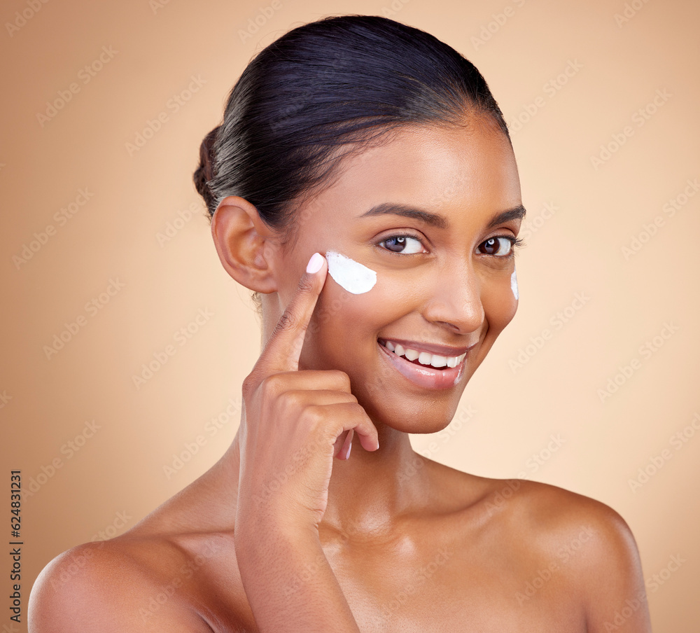 Face, cream cosmetics and portrait of happy woman for aesthetic shine, skincare or dermatology on st