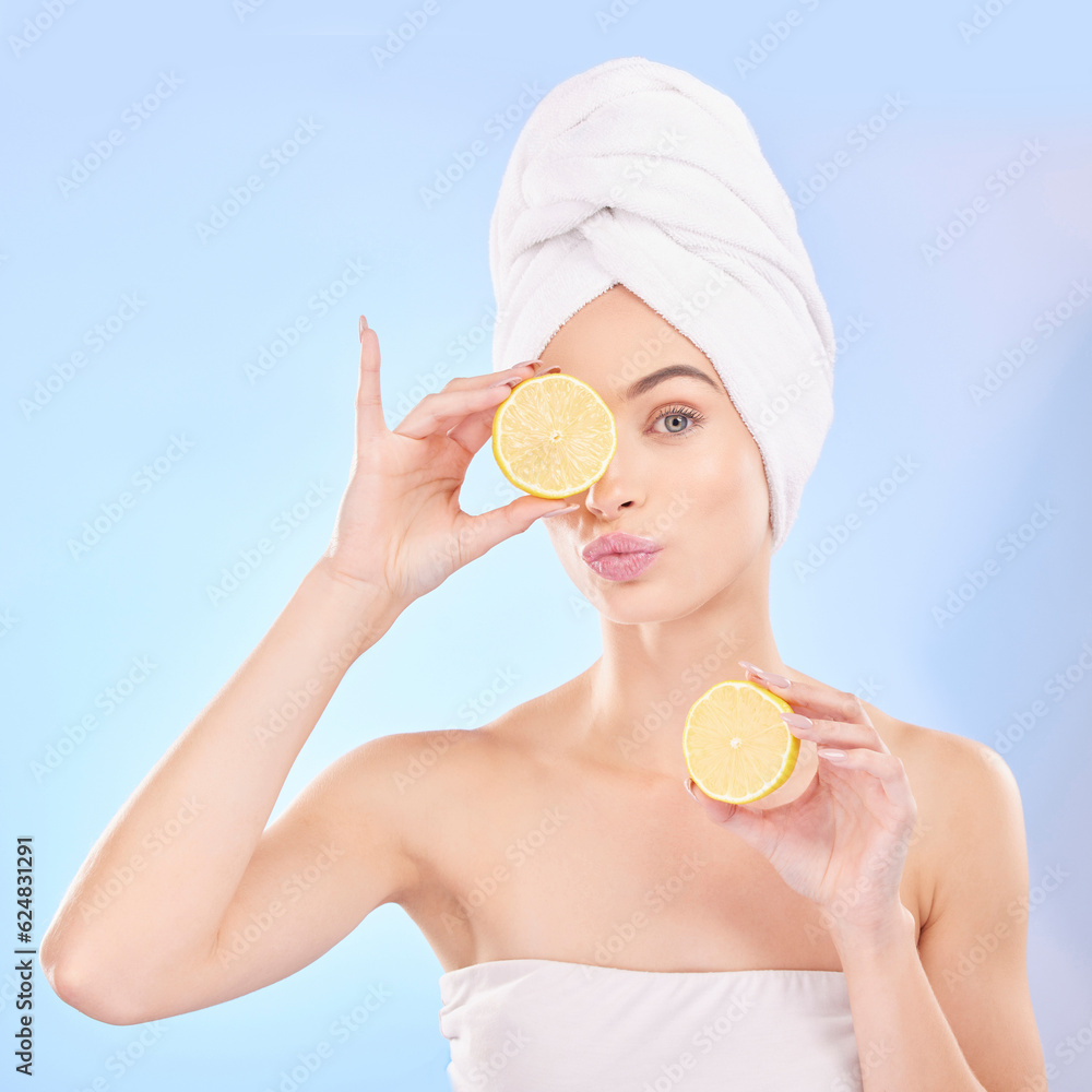 Skincare, beauty and portrait of woman with lemon, makeup and facial detox with smile on blue backgr