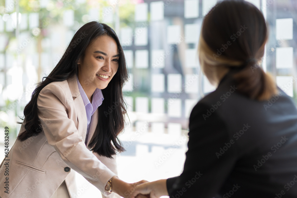 Partner, colleague, businesswoman shaking hands at business meeting, job interview.