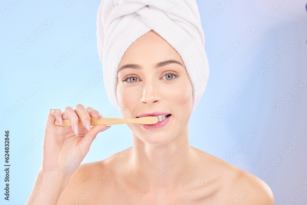 Beauty, dental and brushing teeth with portrait of woman in studio for wellness, self care and skinc