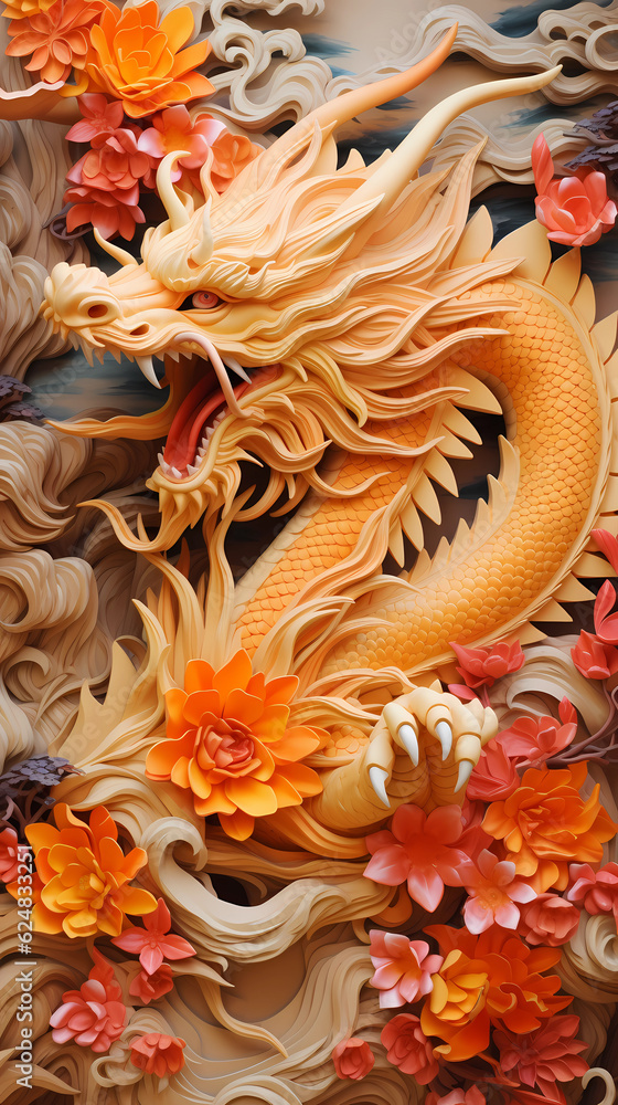 A sculpture of an chinese dragon walking through water on traditional paper