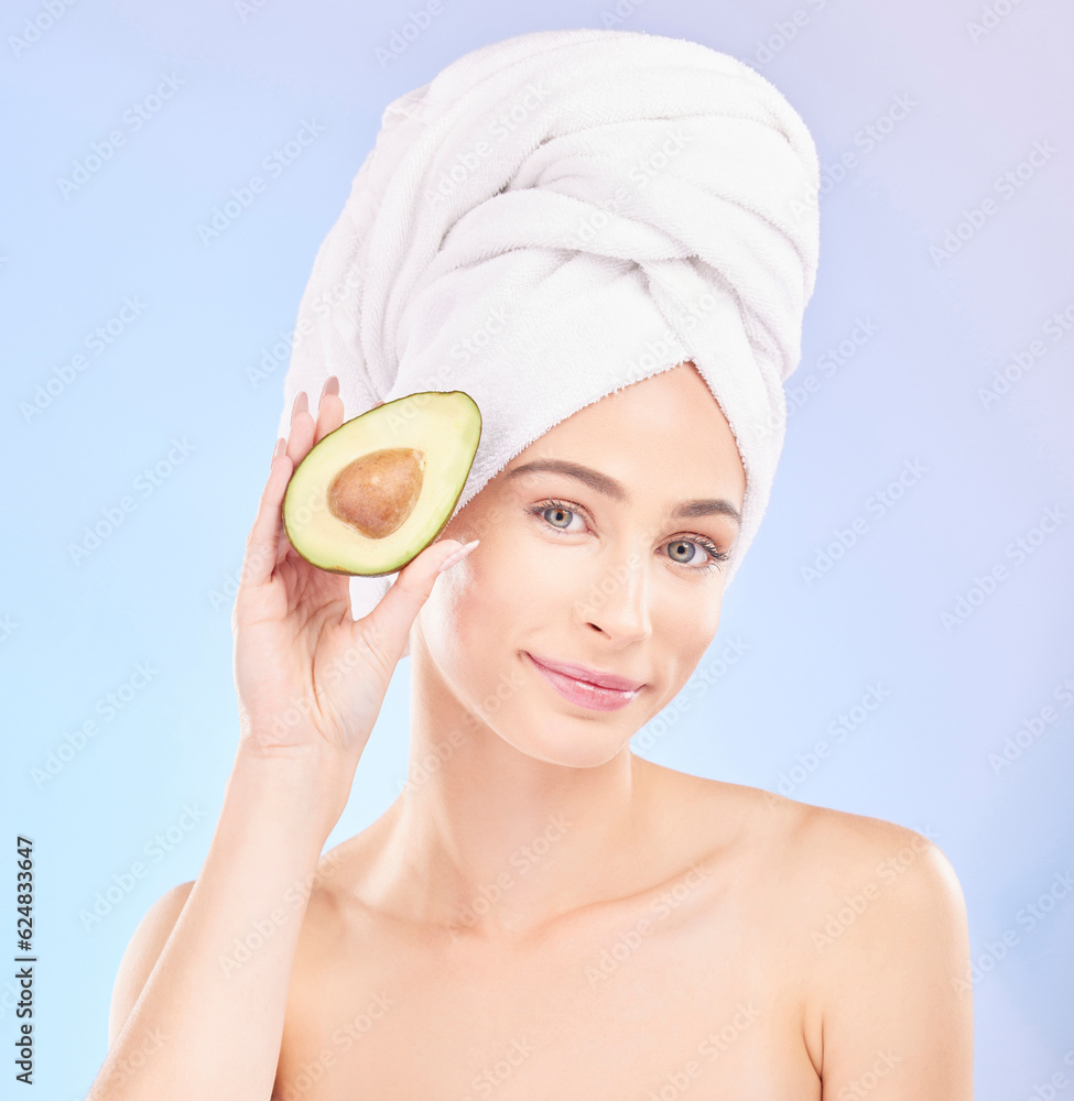 Skincare, beauty and portrait of woman with avocado, makeup and facial detox with smile on blue back