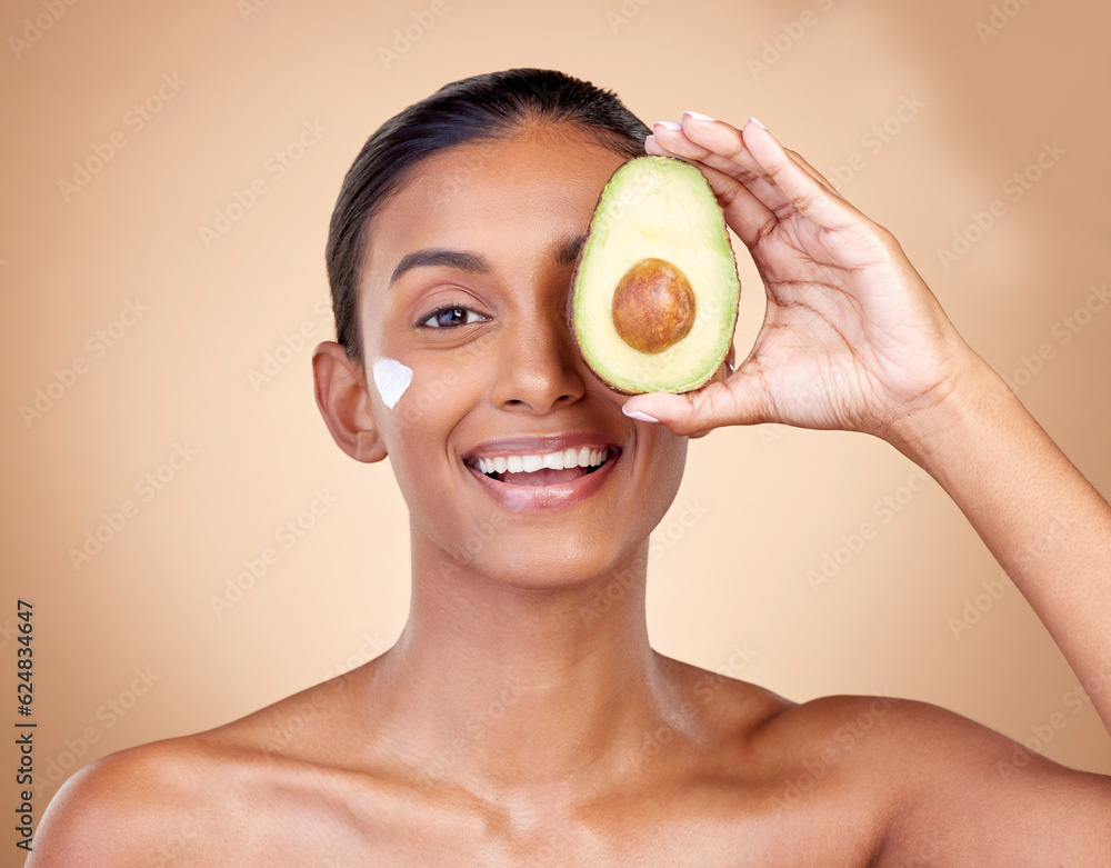 Avocado, cream and beauty with portrait of woman in studio for product, skincare and natural cosmeti