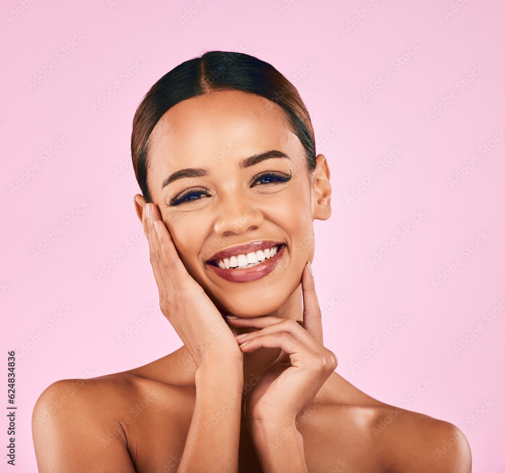 Skincare, cosmetics and portrait of happy woman with makeup, wellness and glow on pink background. B