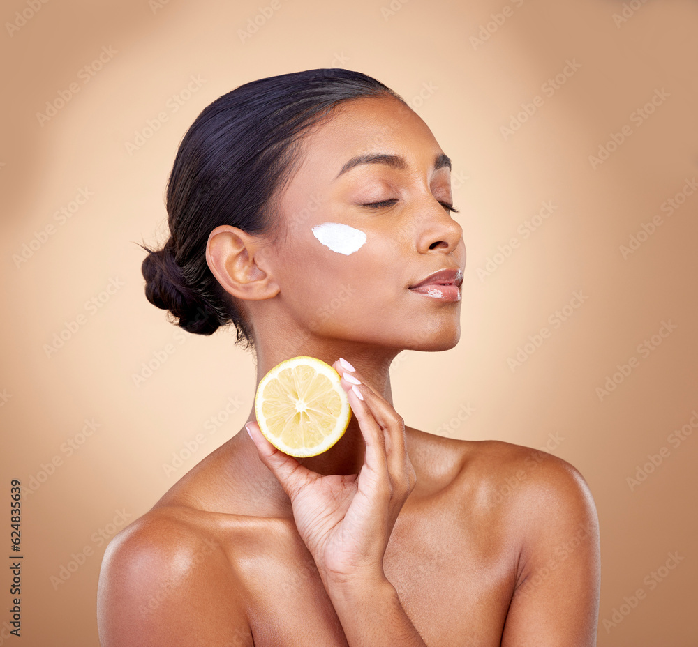 Woman, lemon and cream for natural skincare, beauty product and cosmetics or vitamin c benefits and 