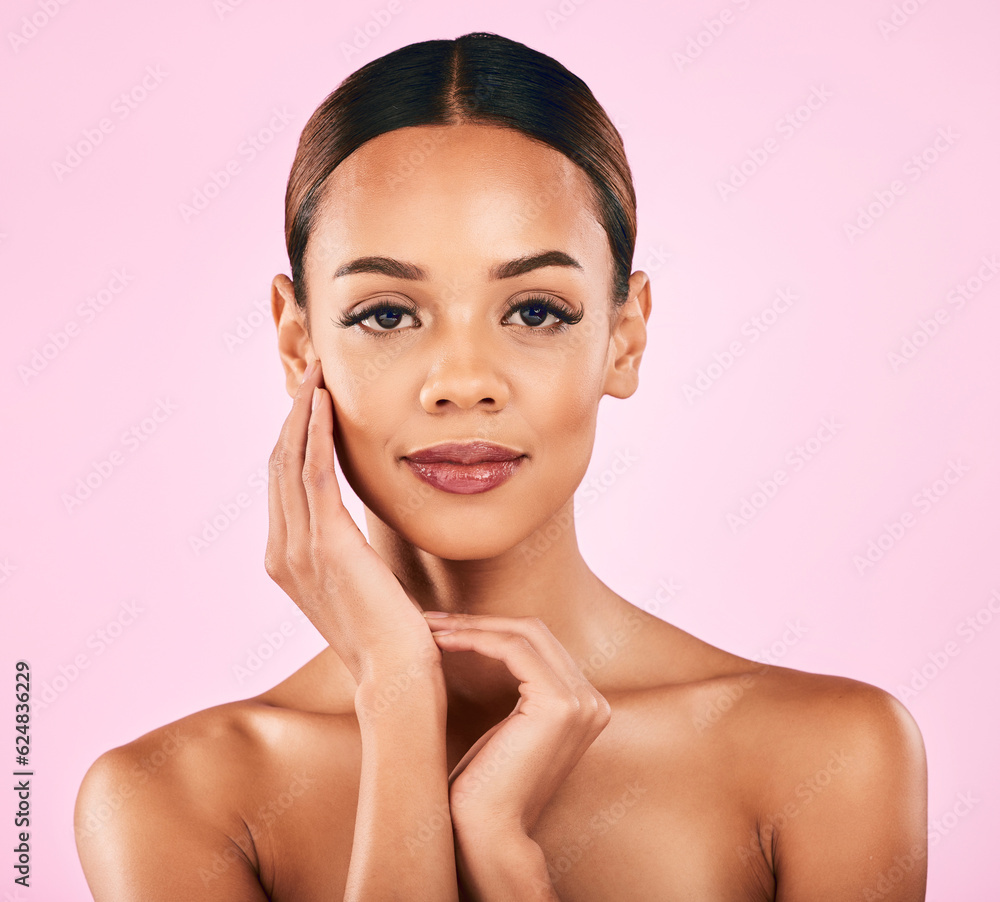 Skincare, makeup and portrait of woman with facial wellness, natural beauty and glow on pink backgro