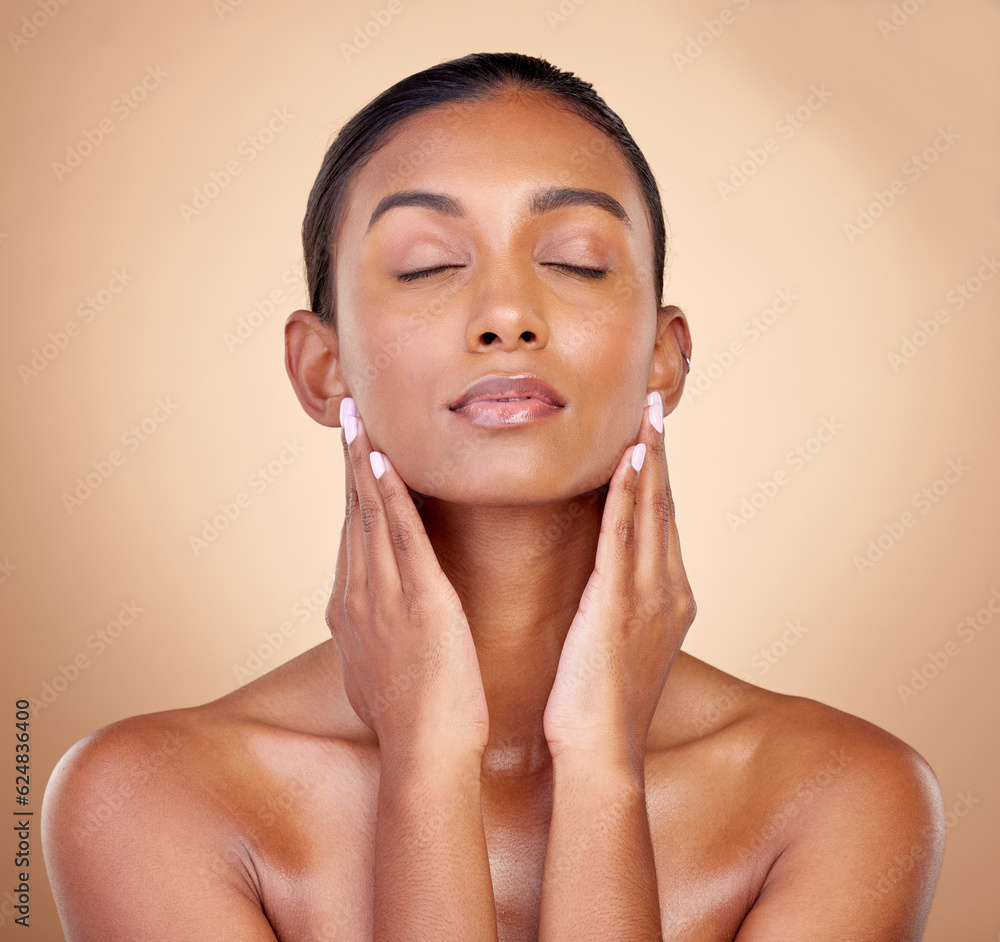 Skincare, studio face and woman relax with natural foundation makeup, aesthetic cosmetics or self ca