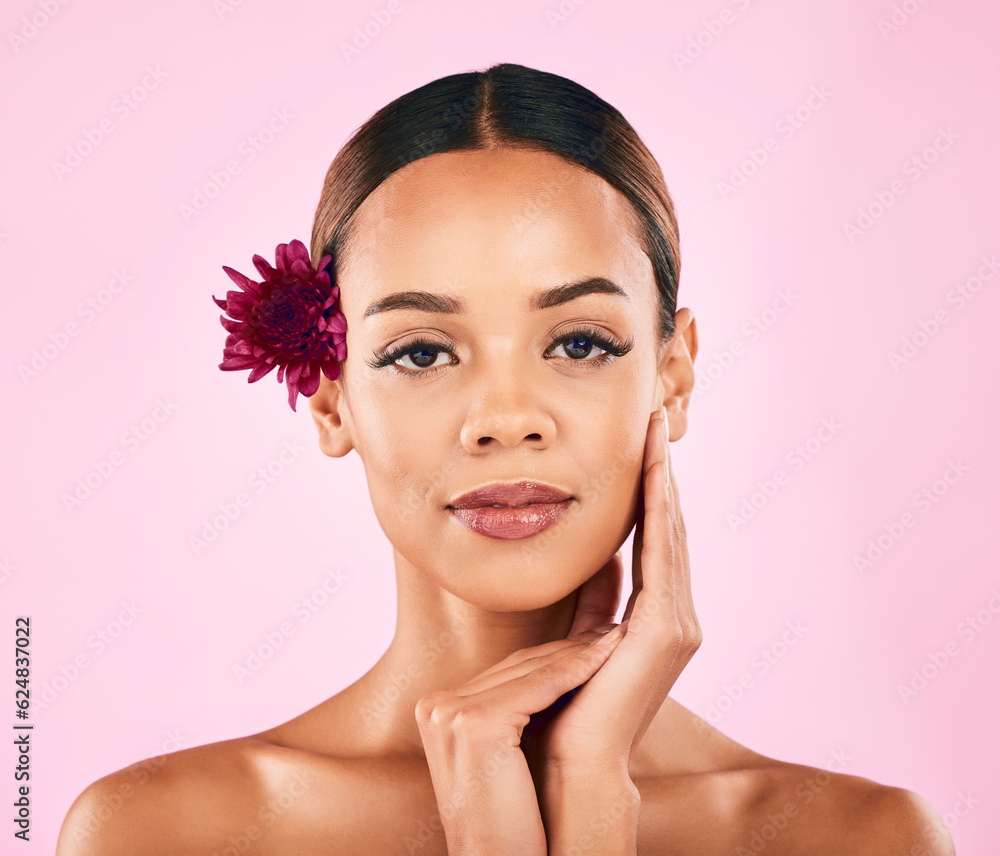 Skincare, cosmetics and portrait of woman with flower, makeup and wellness glow on pink background. 