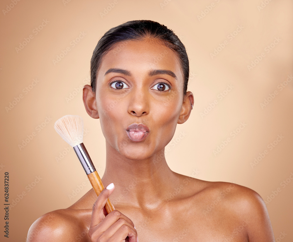 Kiss, makeup and brush with portrait of woman in studio for beauty, foundation and self care. Cosmet