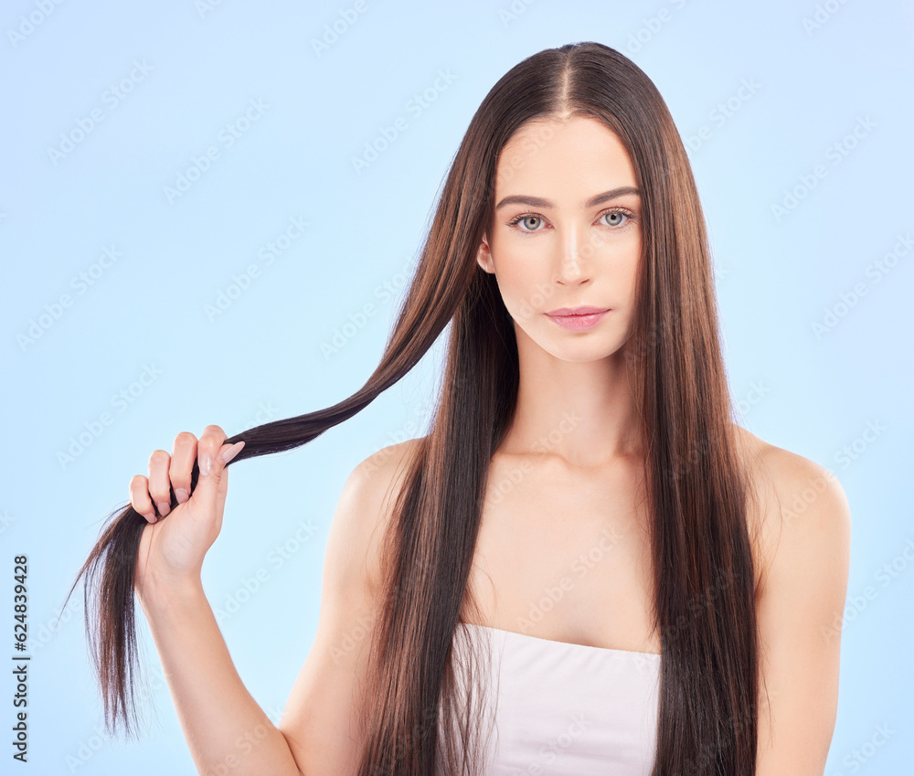 Portrait, texture and woman with hair care, growth and cosmetics against a blue studio background. F