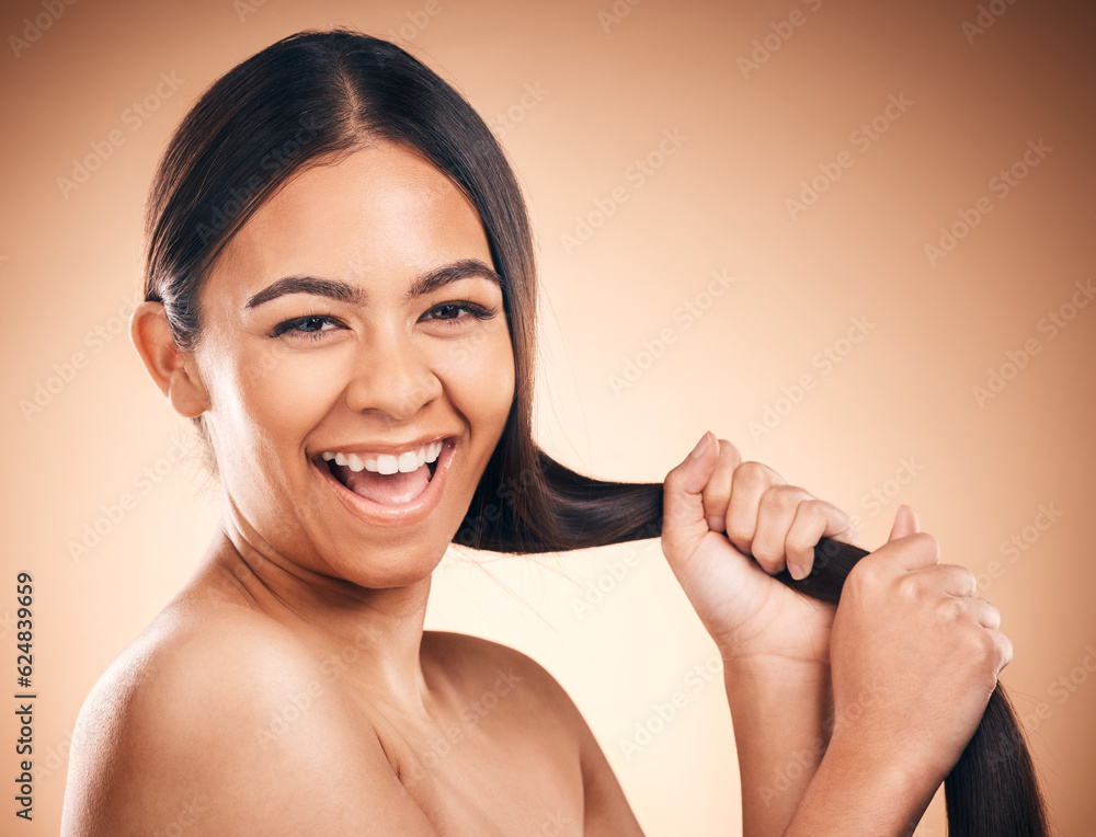 Face, hair care and excited woman with texture in studio isolated on a brown background. Hairstyle, 