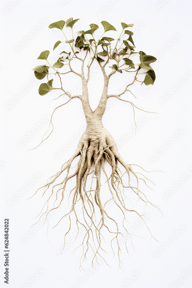 Ginseng root with roots on white background