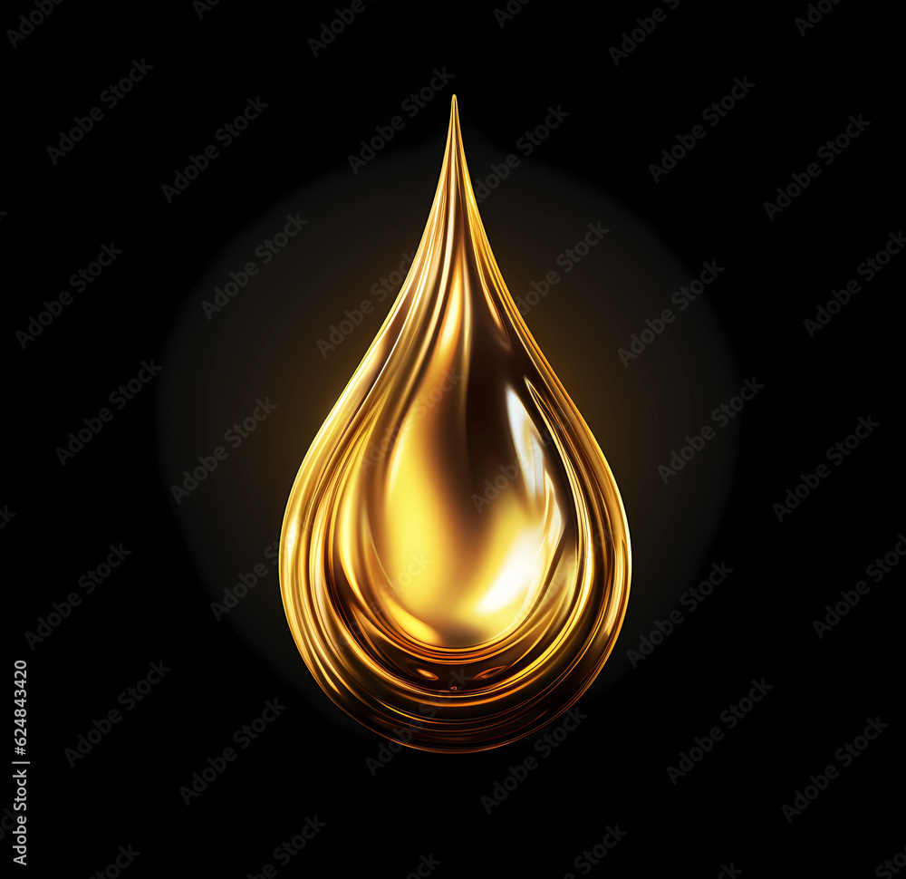 A golden drop on a black background, shining with light