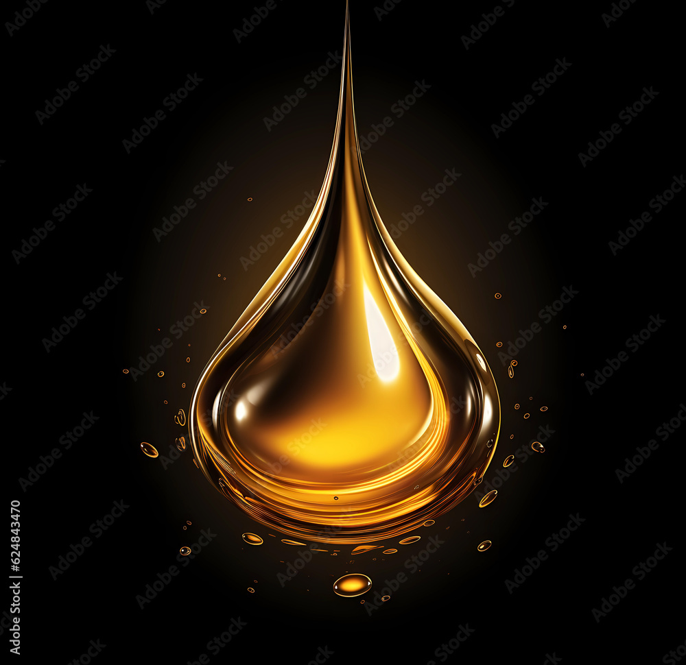 A golden drop on a black background, shining with light