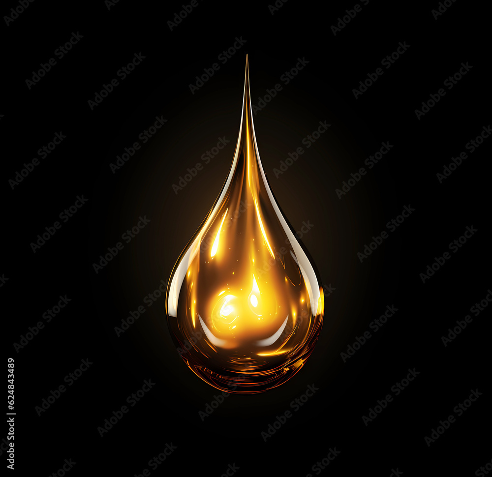 A golden drop on a black background, shining with light