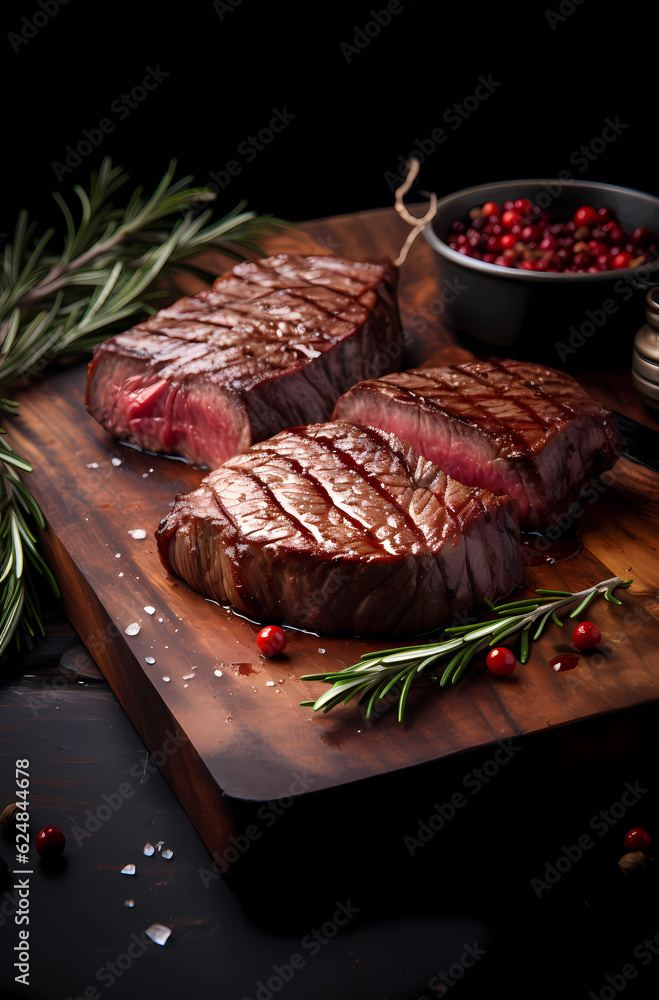 a piece of steak with rosemary and spices