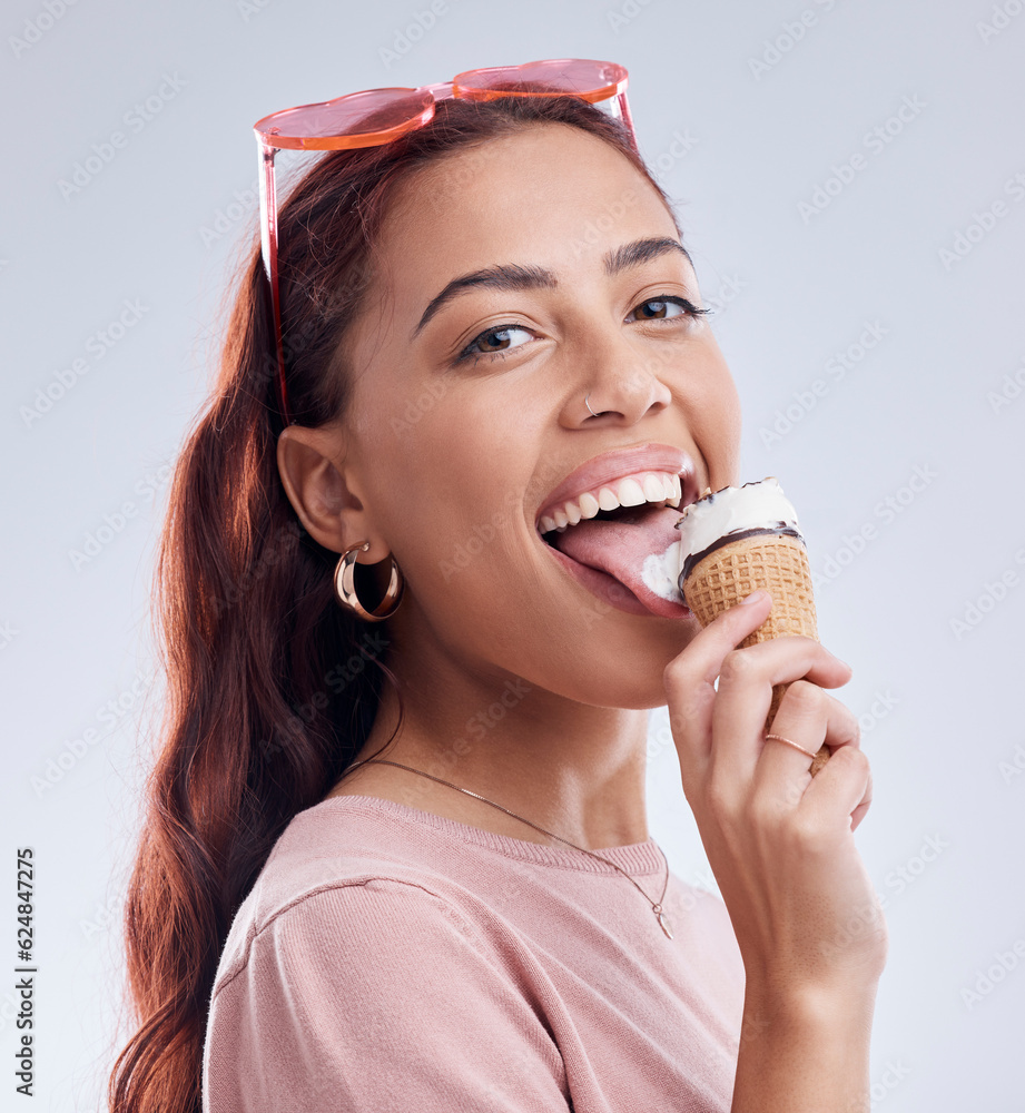 Summer, ice cream and portrait of woman with smile in studio with dessert, snack and sweet treats. H