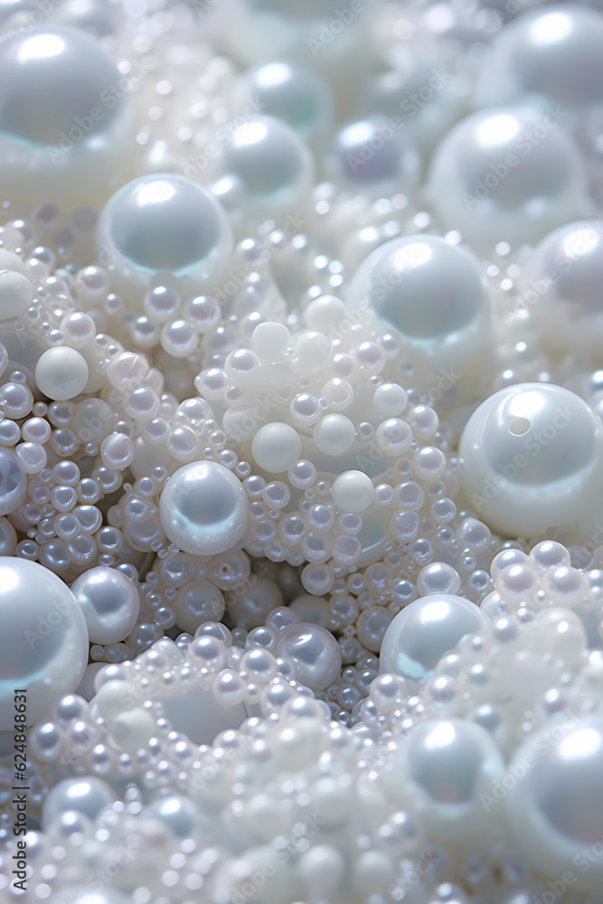 A close up of a white powder with various sized white pearls