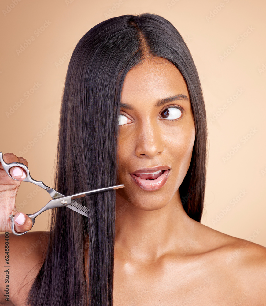 Cutting, hair care or Indian woman with scissors for beauty or self care for grooming on brown backg