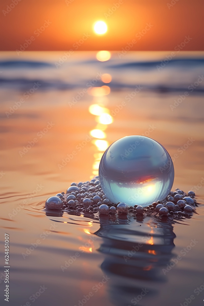 in the style of jewelry, An oyster sitting on a desert beach.