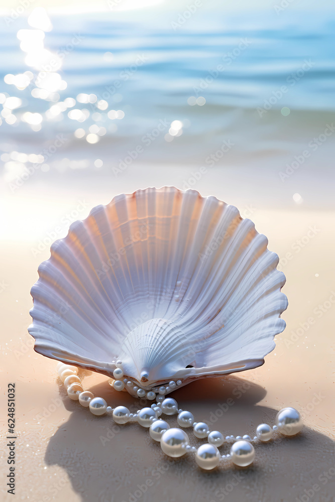 in the style of jewelry, An oyster sitting on a desert beach.