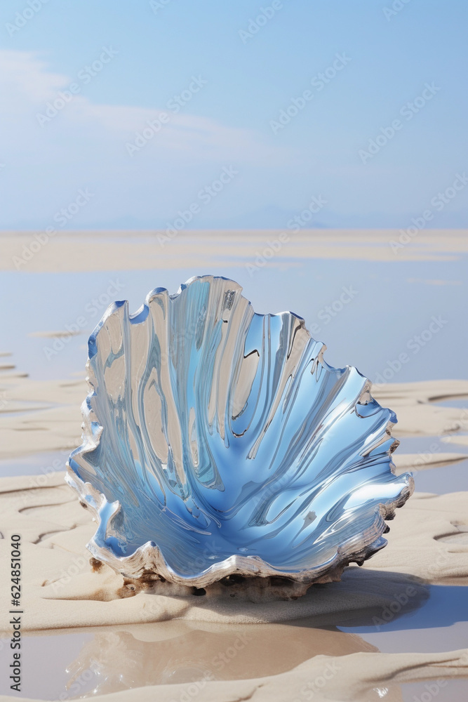 in the style of jewelry, An oyster sitting on a desert beach.