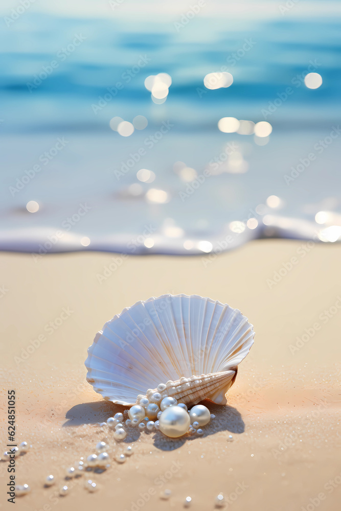 in the style of jewelry, An oyster sitting on a desert beach.