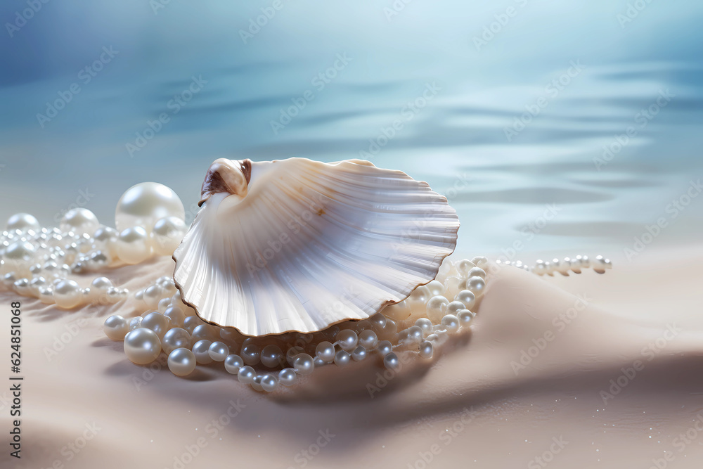 in the style of jewelry, An oyster sitting on a desert beach.