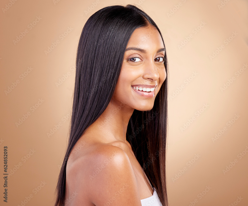 Beauty, smile and hair with portrait of woman in studio for shampoo, salon and hairstyle. Skincare, 