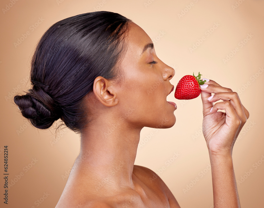 Beauty, strawberry and health of a woman in studio for wellness, cosmetics and dermatology. Fruit, d