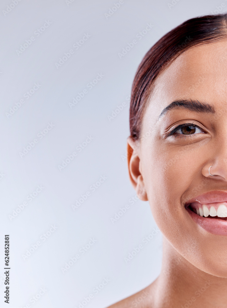 Portrait, mockup or happy woman with natural beauty or wellness in studio isolated on white backgrou