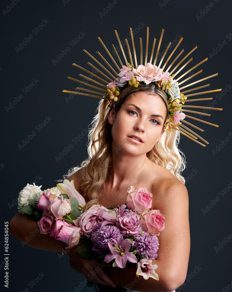 Woman, spring goddess and studio portrait with flowers, beauty and crown for new beginning by black 