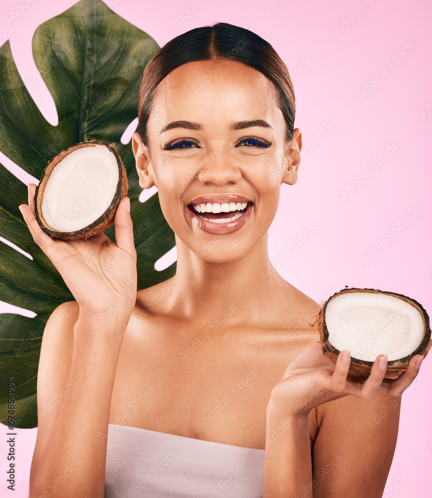 Woman, smile and coconut, natural beauty and palm leaf with sustainable skincare isolated on pink ba