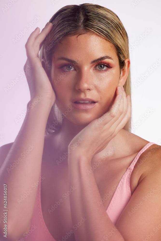 Cosmetic, makeup and portrait of woman in a studio with a natural, glamour and luxury face routine. 