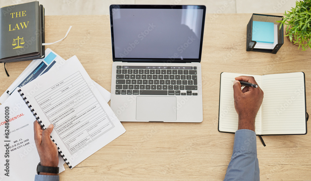 Research, mockup and laptop screen with hands of lawyer in office for writing, justice and legal doc