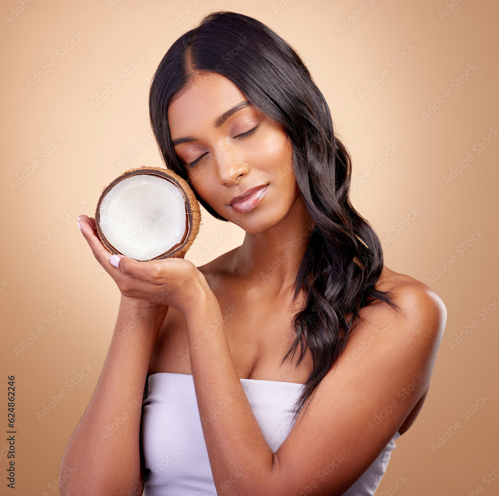 Coconut, fruit and woman with natural beauty, skincare or vegan product in cosmetics for healthy ski