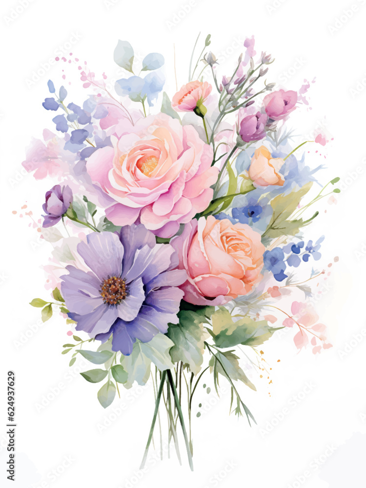 Hand drawn watercolor bouquet of flowers in pastel colors Postcard design Generative ai