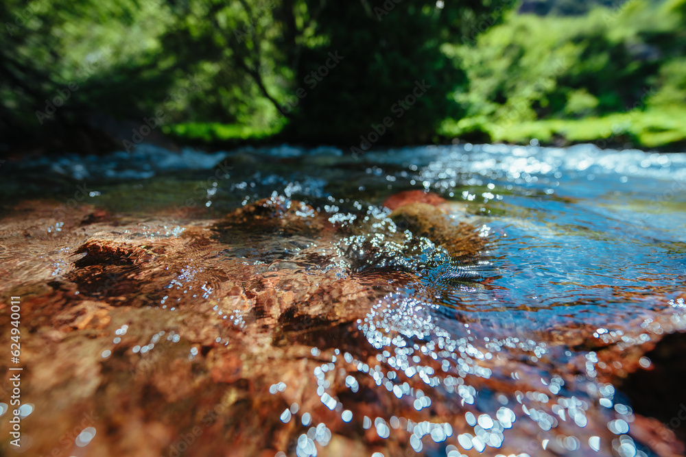 Mountain stream with clean pure water, front focus