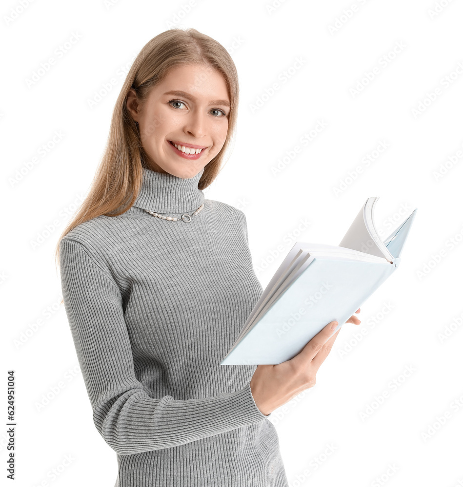 Young woman reading book on white background