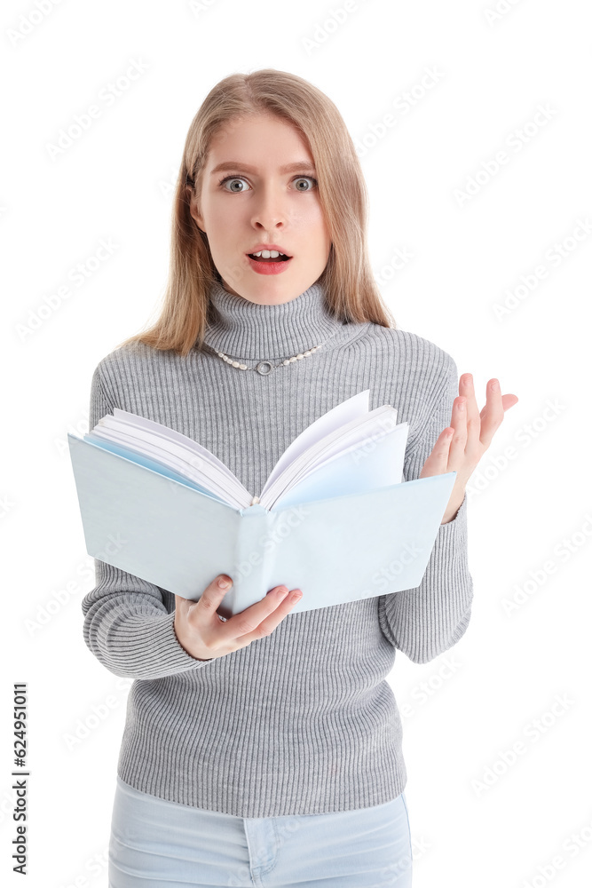 Shocked young woman reading book on white background