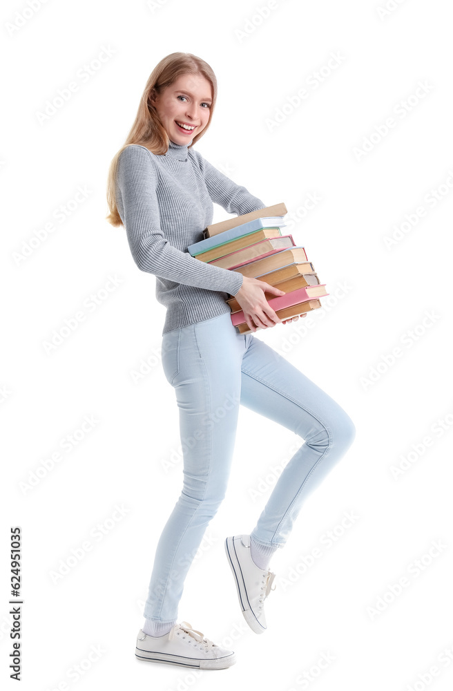 Young woman with books on white background