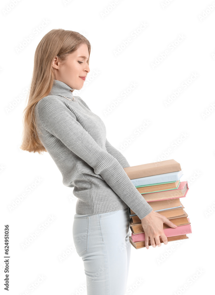 Young woman with books on white background