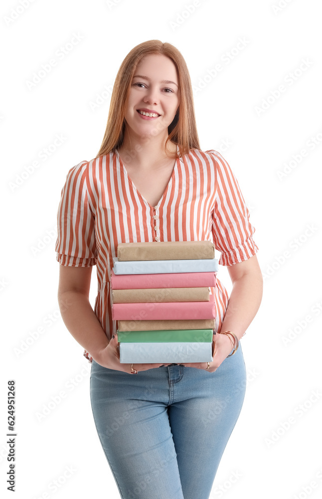 Teenage girl with stack of books on white background