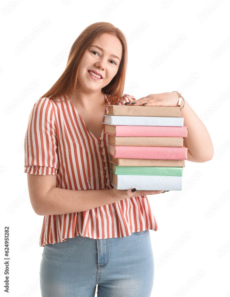 Teenage girl with stack of books on white background