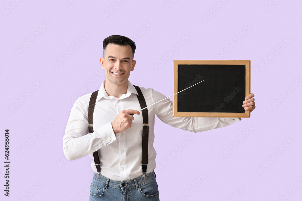 Male teacher with pointer and chalkboard on lilac background