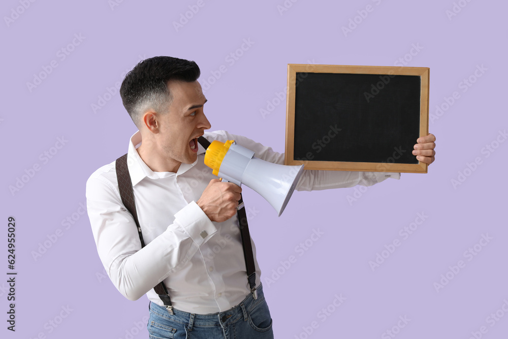 Male teacher with chalkboard shouting into megaphone on lilac background