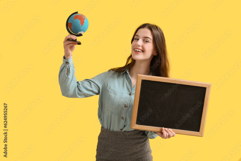 Female Geography teacher with chalkboard and globe on yellow background